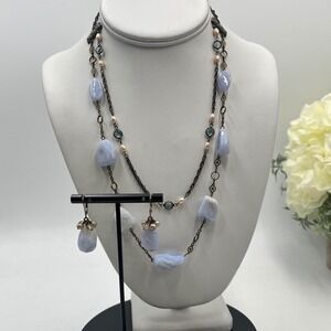 Liz Palacios Blue Chalcedony Crystal Freshwater Pearl Antiqued Metal Jewelry Set